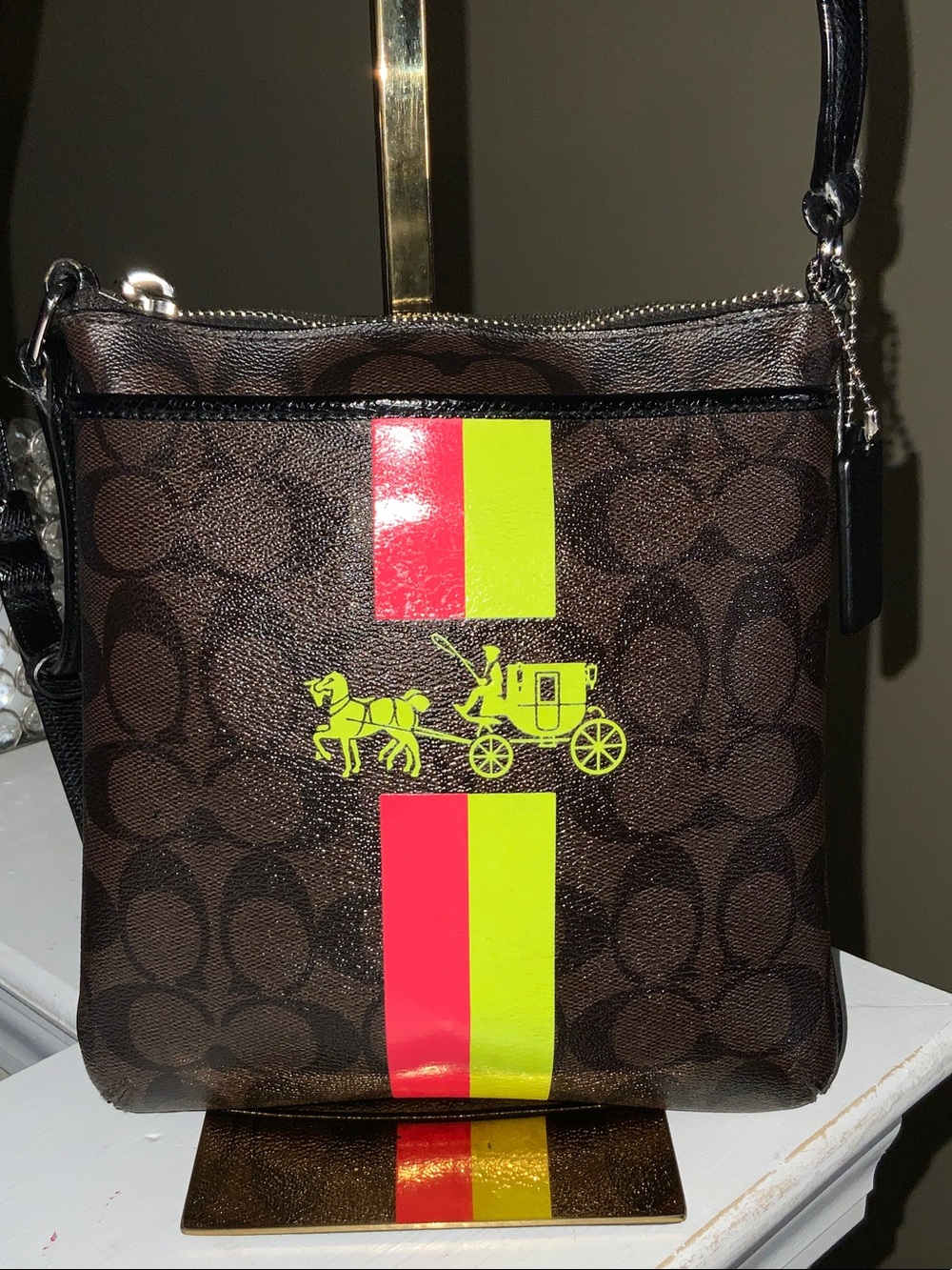 Coach Brown Signature Crossbody with Neon Yellow & Neon Pink Stripes